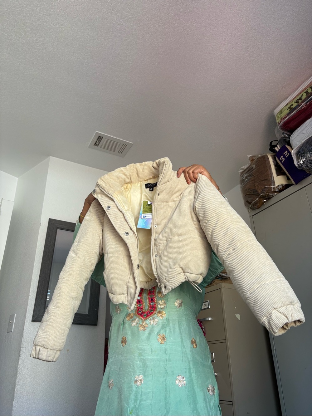 Women's Cream Corduroy Bomber Jacket - Lightweight Puffer Style